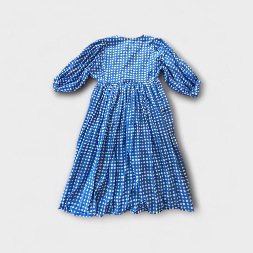 Blue Gingham Midi Dress S 100% Cotton Pockets Puff Sleeve Cottagecore Prairie - Picture 3 of 5